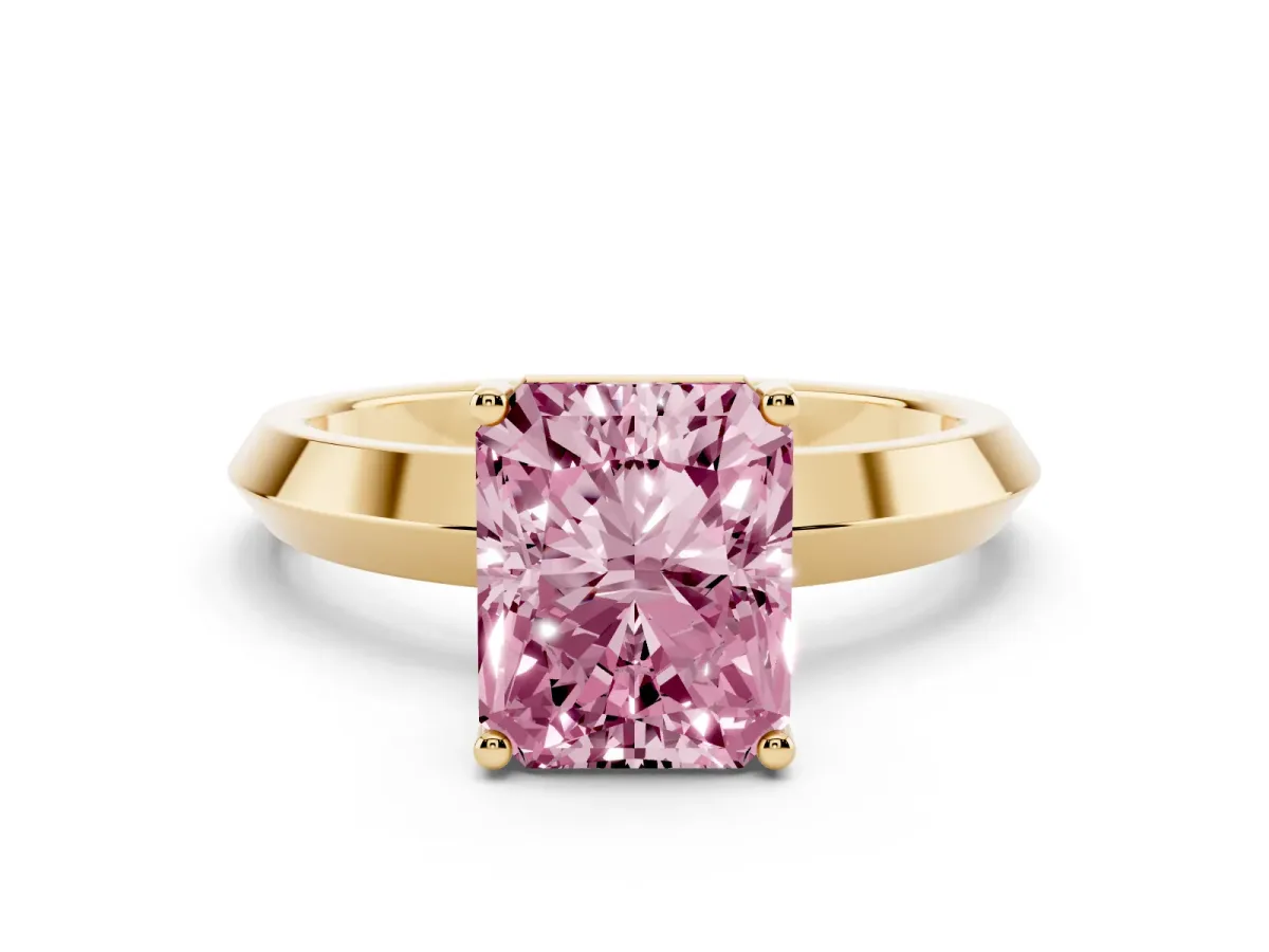 Fancy Pink Radiant Cut Cut Solitaire Engagement Ring with Flat Band and Four-Prong Setting Yellow gold