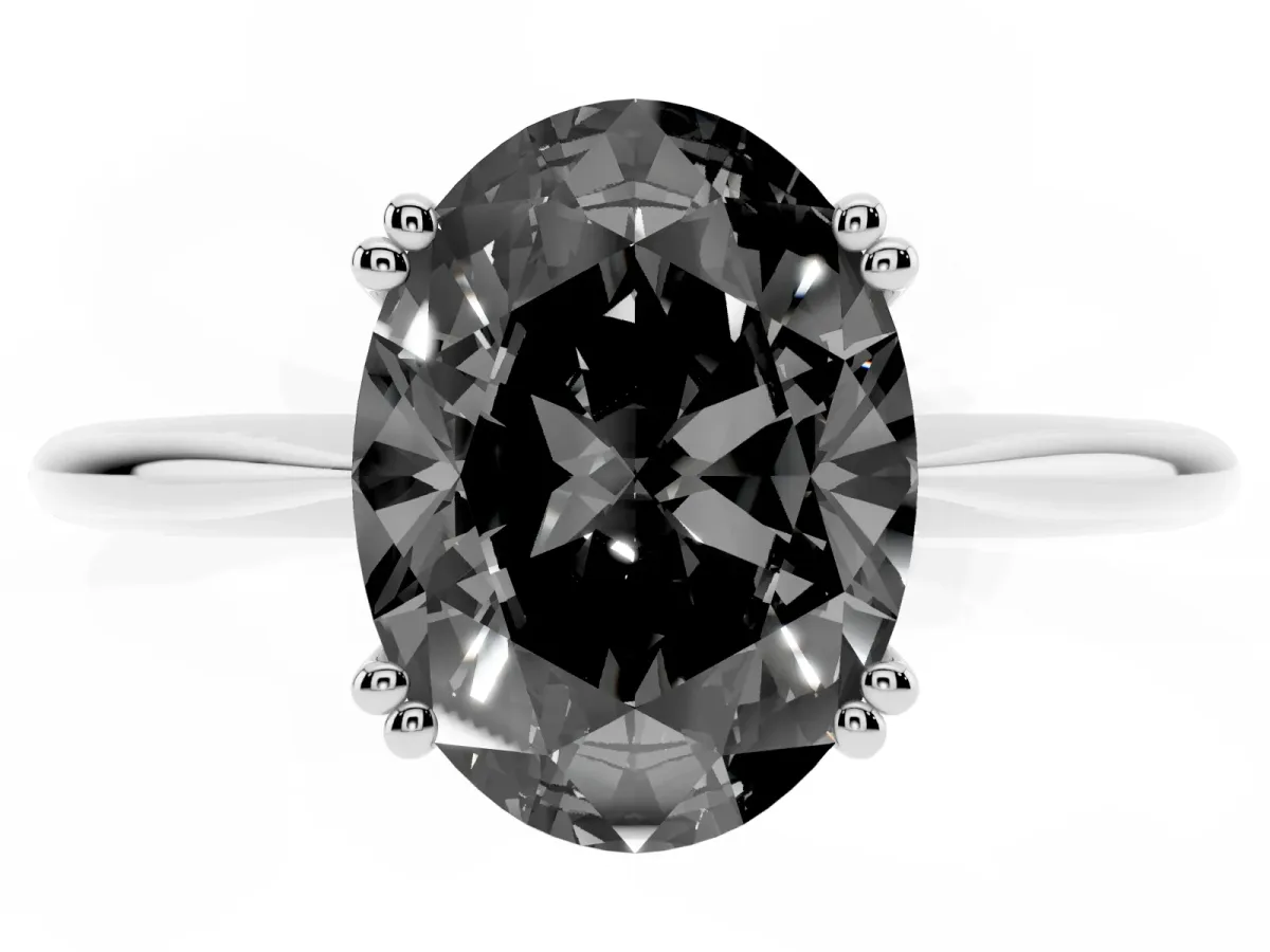 Fancy Black Oval Cut Solitaire Diamond Ring with Six-Prong Setting and Classic Band Silver