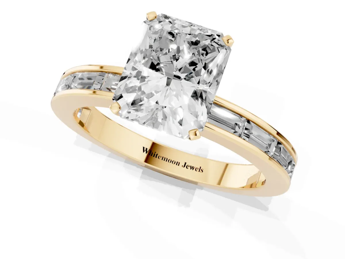Radiant Cut Solitaire Diamond Ring with Channel-Set Baguette Band and Four-Prong Setting Yellow gold