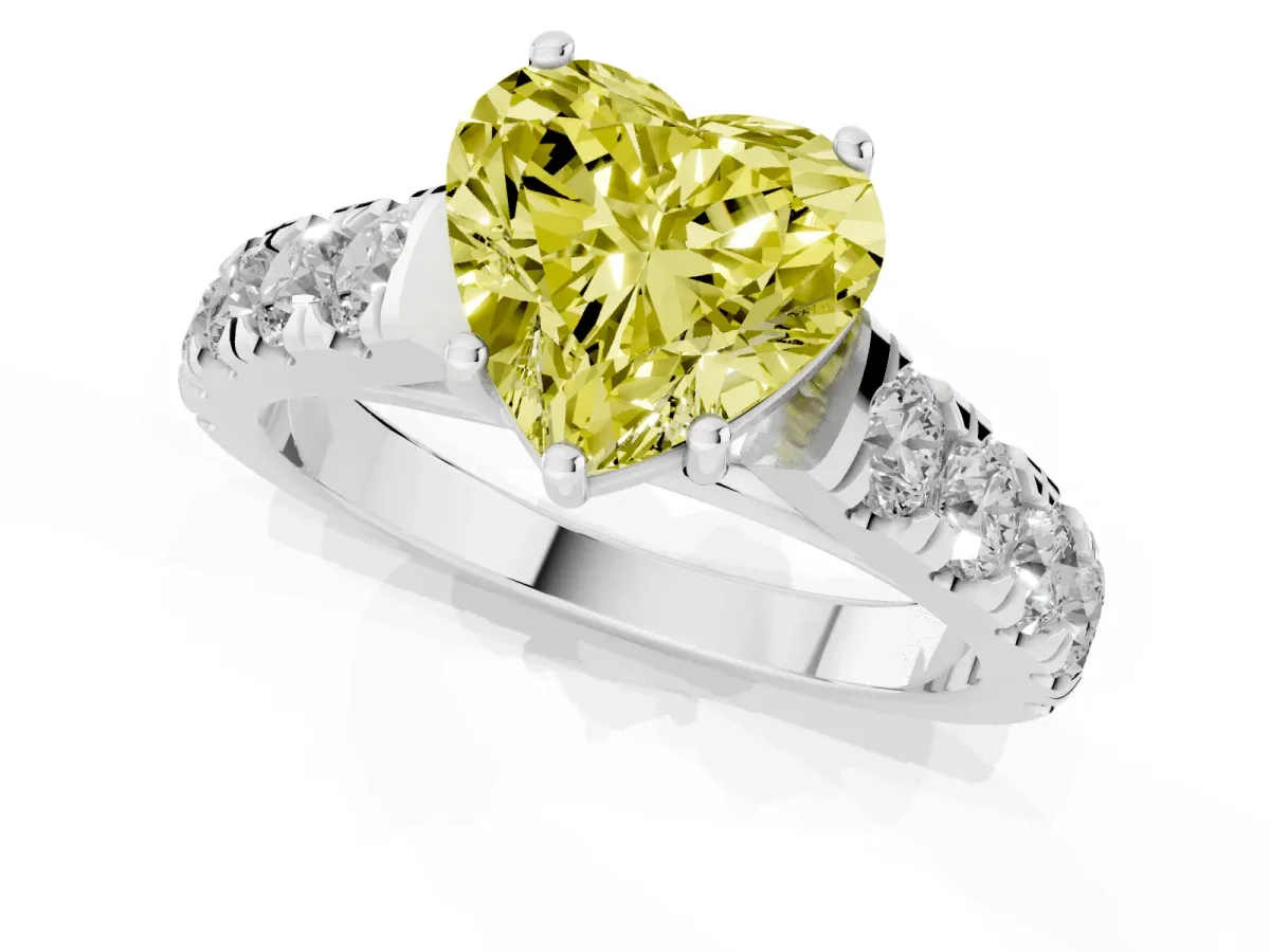 Fancy Yellow Heart Cut Cut Diamond Solitaire Ring with Micro Pave Band and Prong Setting Silver