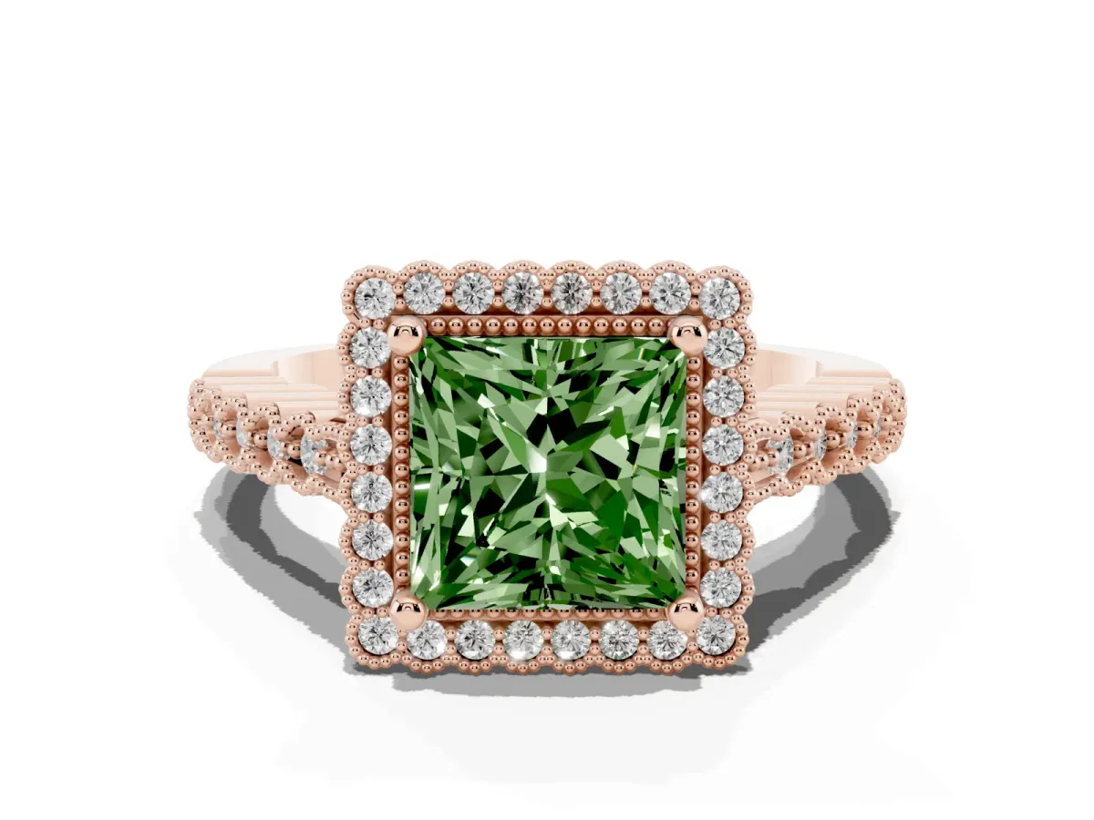 Fancy Green Princess Cut Cut Halo Pavé Solitaire Ring with Milgrain Band Rose gold