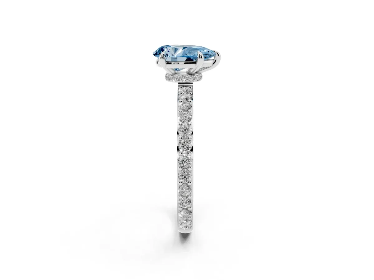 Fancy Blue Pear Cut Diamond Pavé Engagement Ring with Round Accents and Prong Setting Platinum