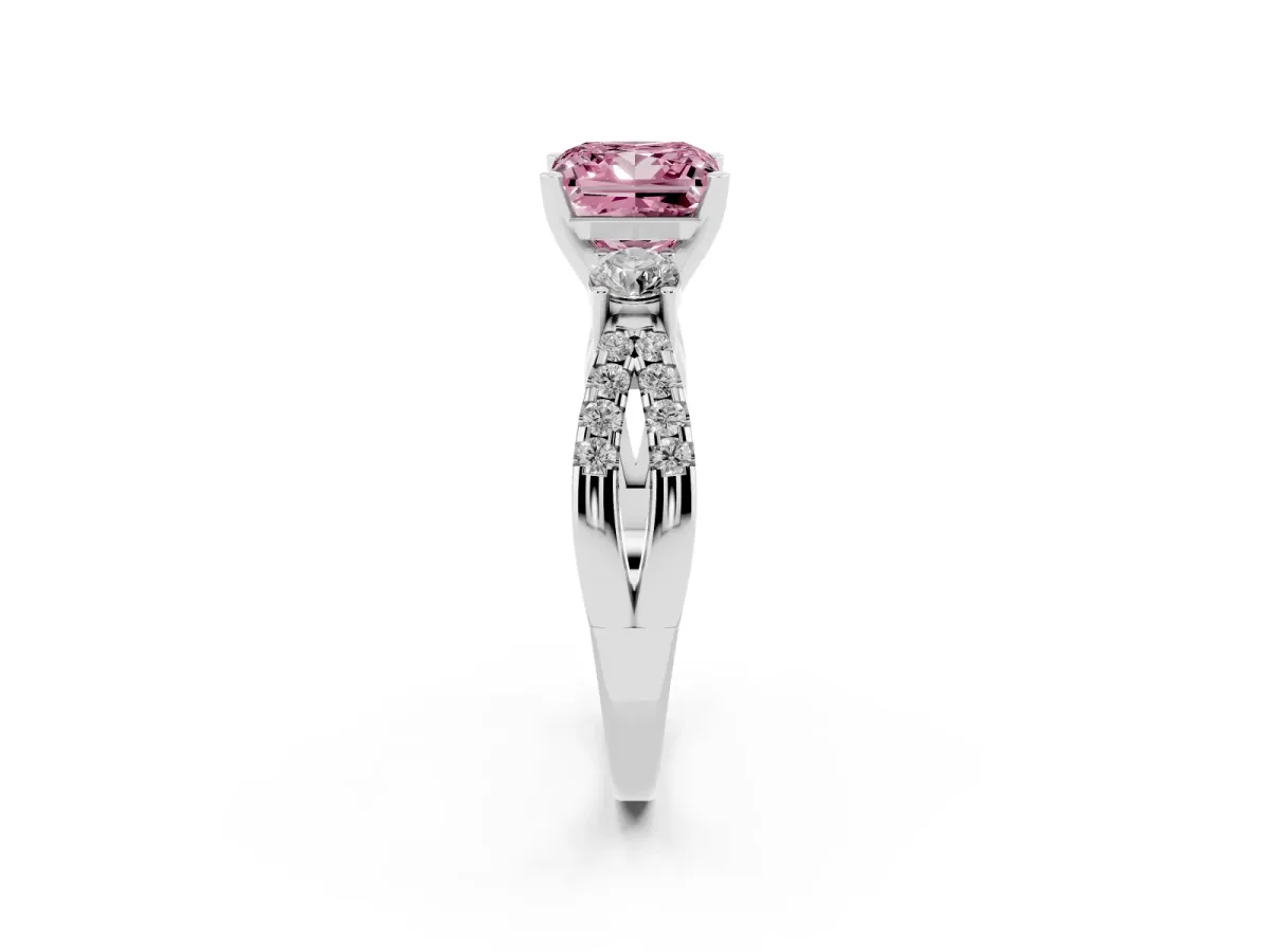 Fancy Pink Princess Cut Diamond Three-Stone Ring with Pavé Split Shank and Four-Prong Setting Silver