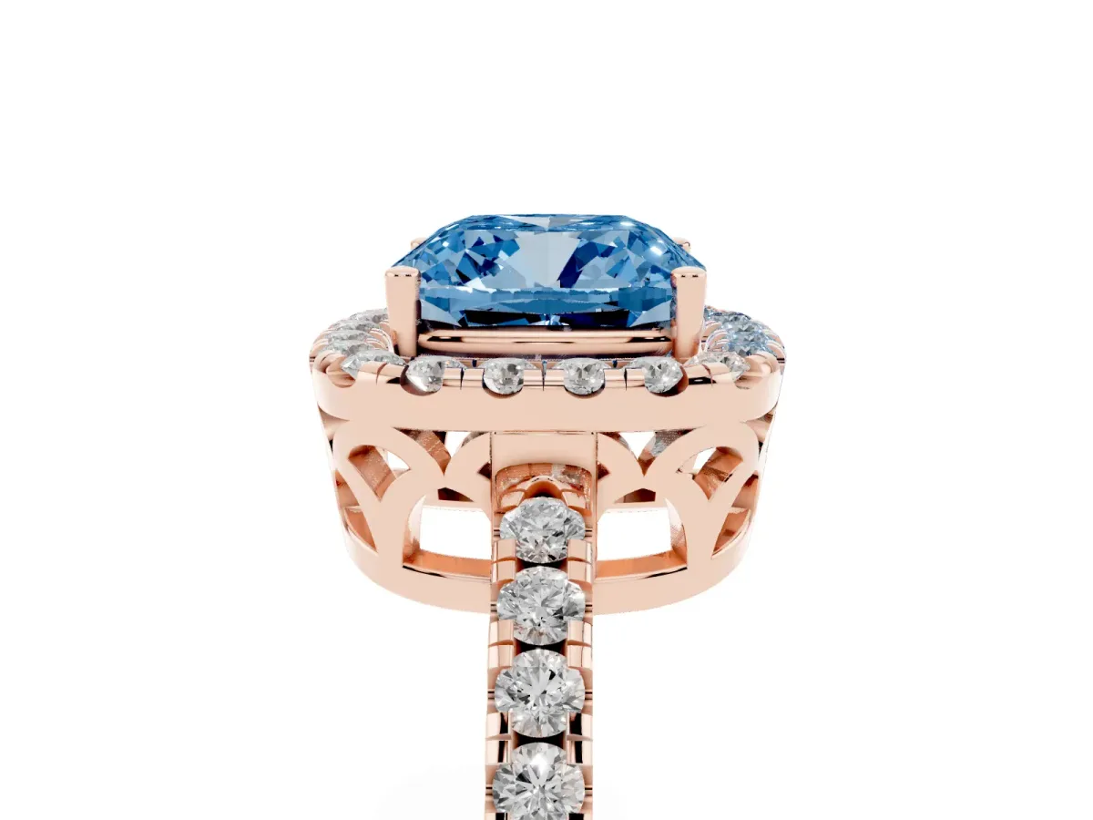 Fancy Blue Cushion Cut Halo Diamond Engagement Ring with Pavé Band and Four-Prong Setting Rose gold