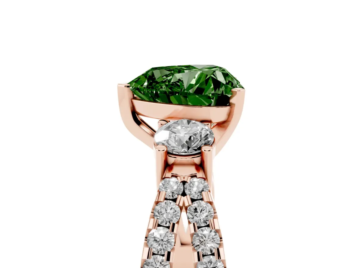Fancy Green Heart Cut Diamond Three-Stone Ring with Pavé Split Shank and Four-Prong Setting Rose gold
