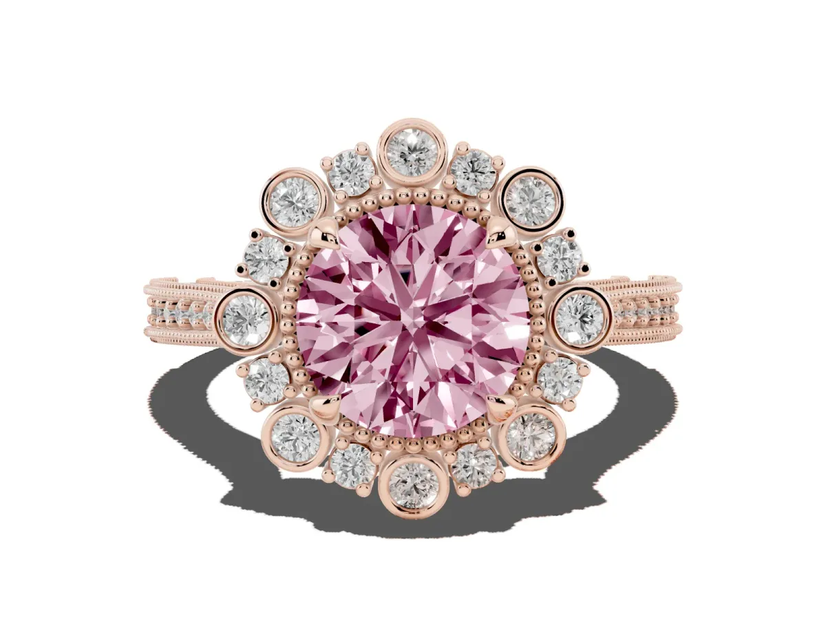 Fancy Pink Round Cut Halo Milgrain Pave Diamond Ring with Four-Prong Setting Rose gold