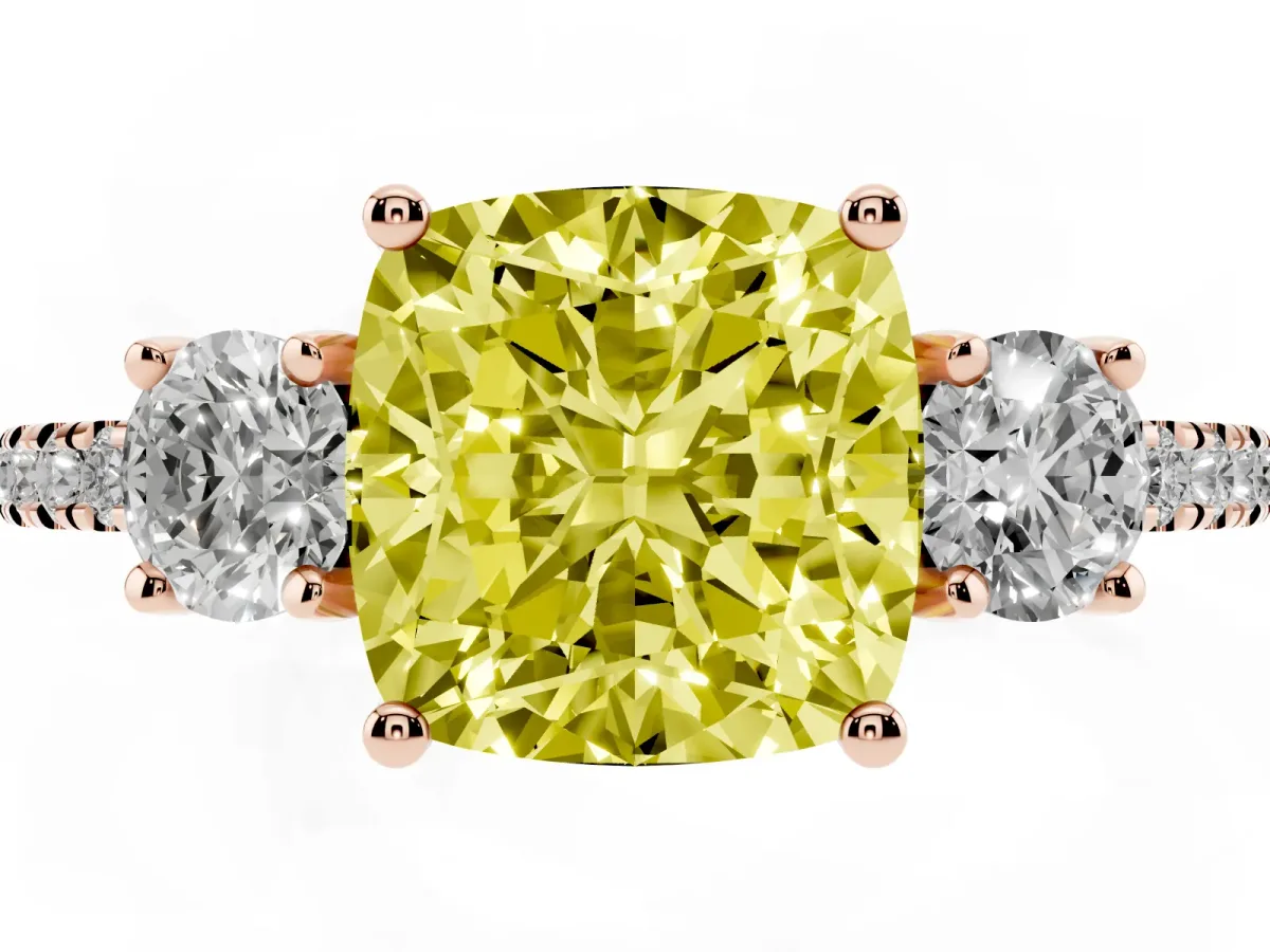 Fancy Yellow Three-Stone Cushion Cut Cut Diamond Pavé Band with Prong Setting Rose gold