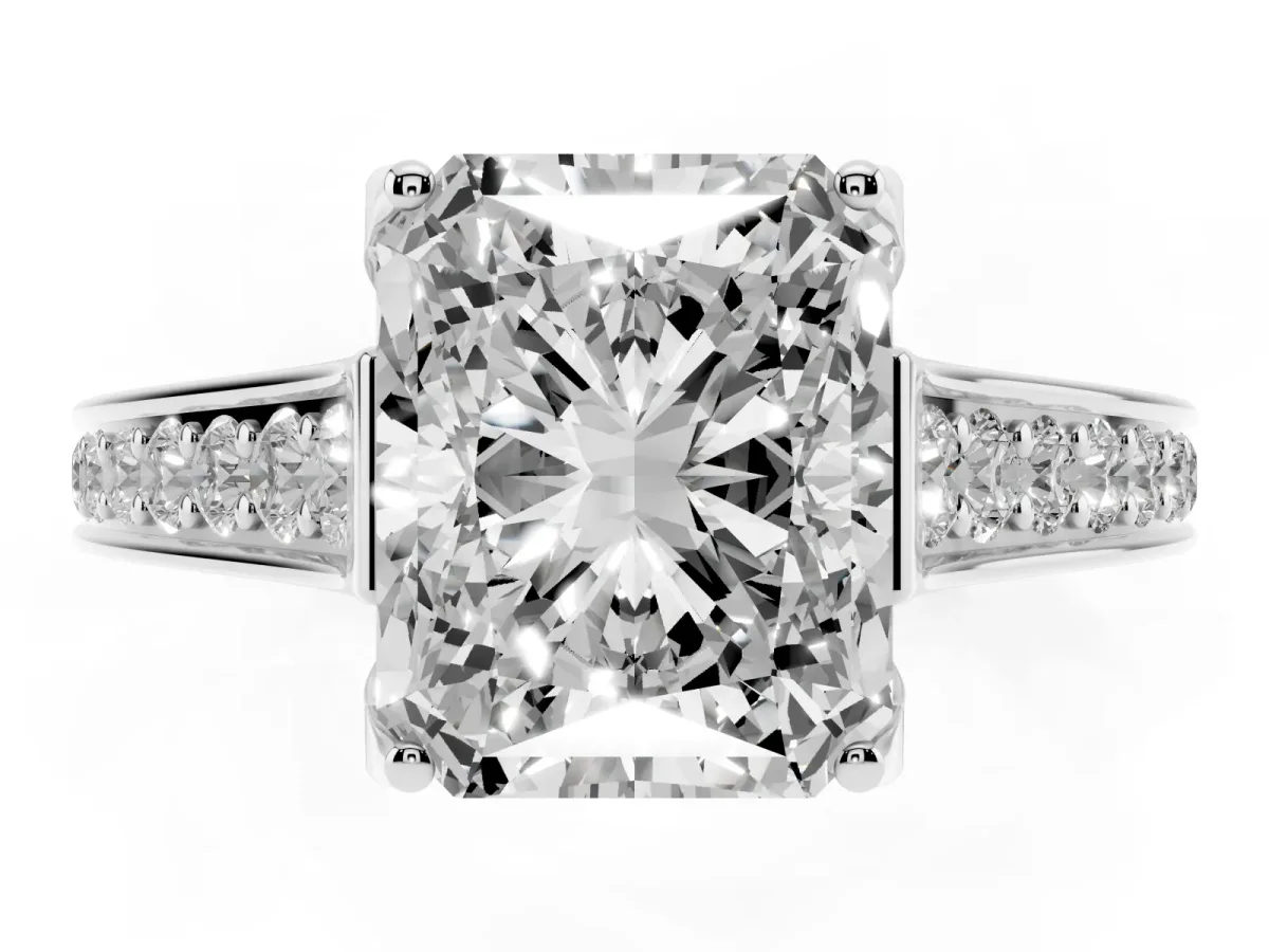 Radiant Cut Brilliant Cut Diamond Engagement Ring with Pavé Band and Four-Prong Setting Platinum