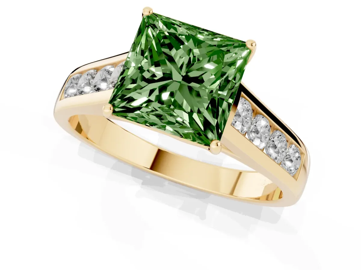 Fancy Green Princess Cut Solitaire Channel-Set Diamond Engagement Ring with Four-Prong Setting Yellow gold