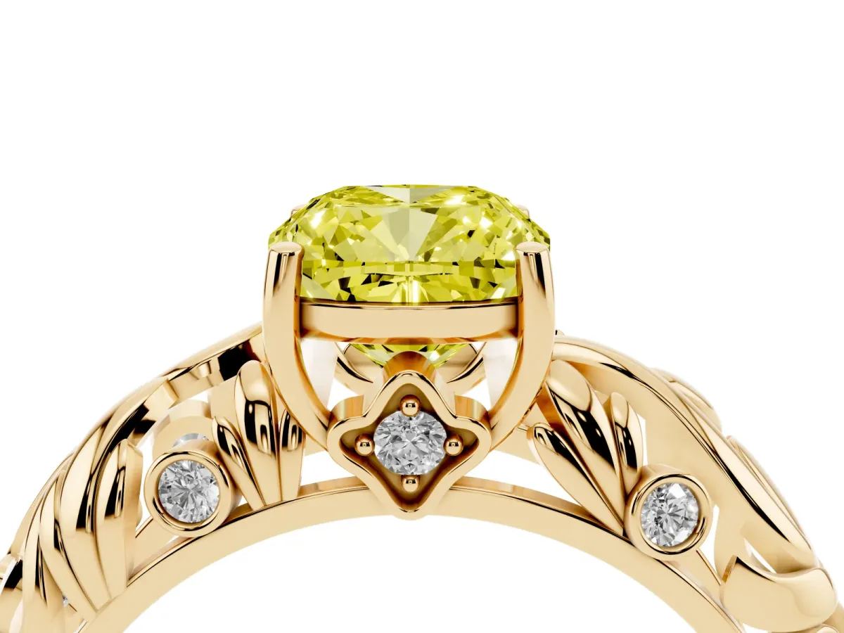 Fancy Yellow Cushion Cut Solitaire Diamond Leaf-Inspired Vine Band Ring with Prong Setting Yellow gold