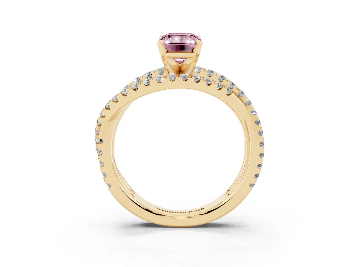 Fancy Pink Emerald Cut Solitaire Twist Band with Pavé Setting and Four-Prong Setting Yellow gold