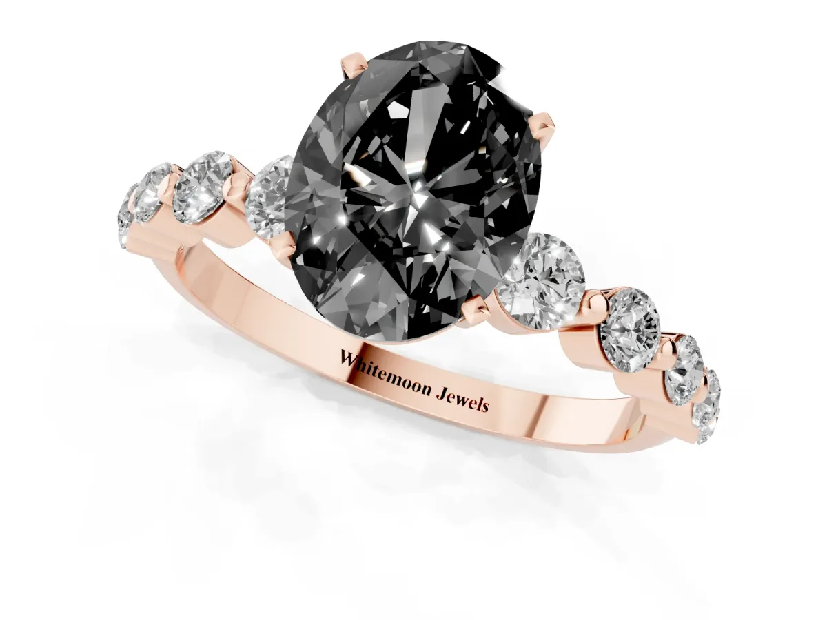 Fancy Black Oval Cut Solitaire Diamond Ring with Pave Band and Four-Prong Setting Rose gold