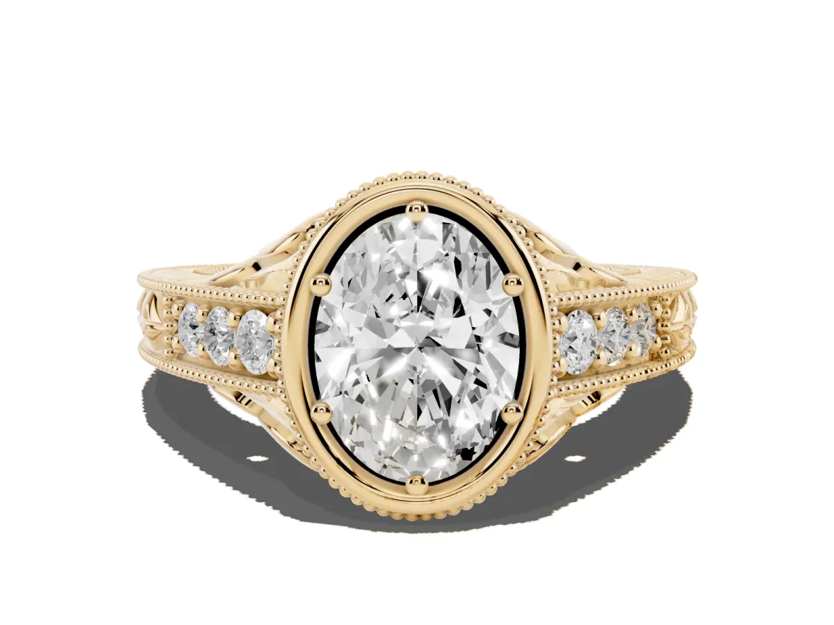 Bezel Set Oval Cut Diamond Milgrain Pave Engagement Ring Yellow gold