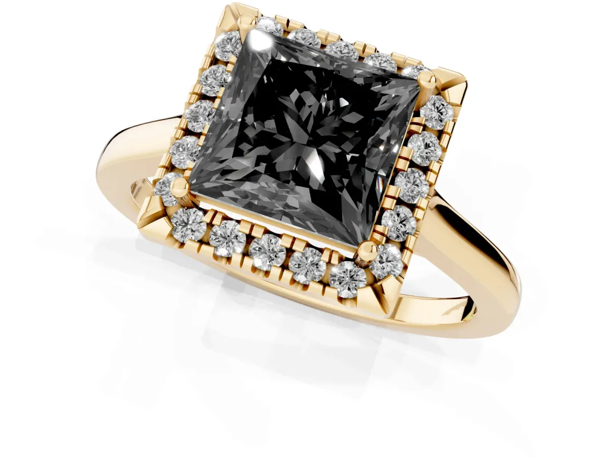 Fancy Black Princess Cut Halo Round Diamond Solitaire Ring with Pavé Band and Four-Prong Setting Yellow gold