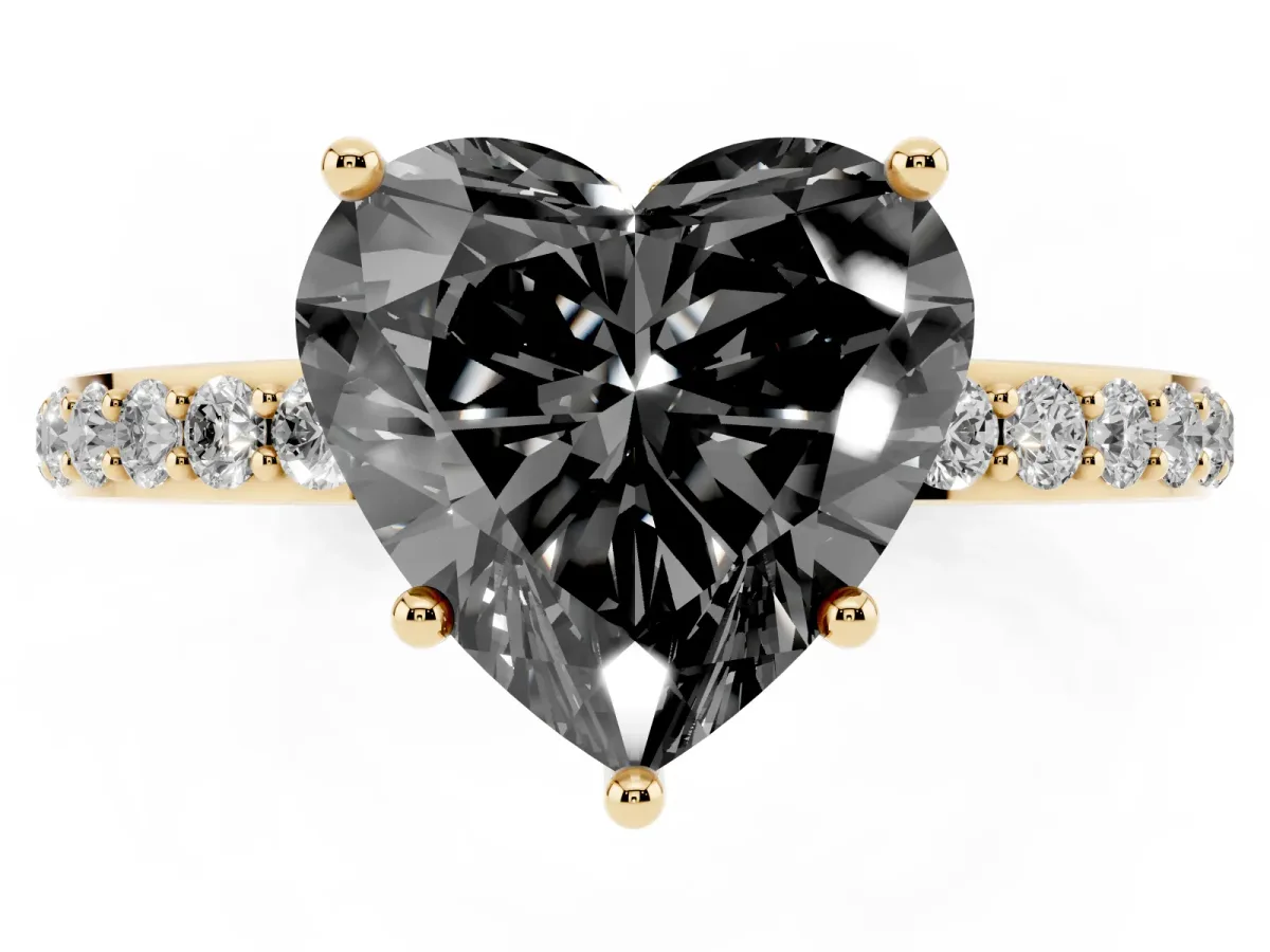 Fancy Black Heart Cut Diamond Solitaire Ring with Pavé Band and Hidden Halo Yellow gold