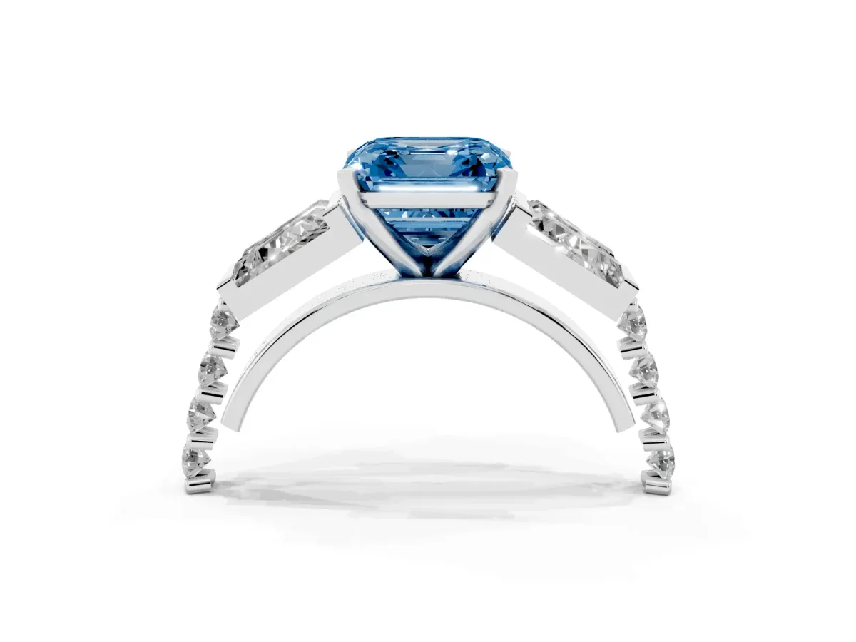 Fancy Blue Asscher Cut Diamond Engagement Ring with Baguette Side Stones and Channel Set Band White gold