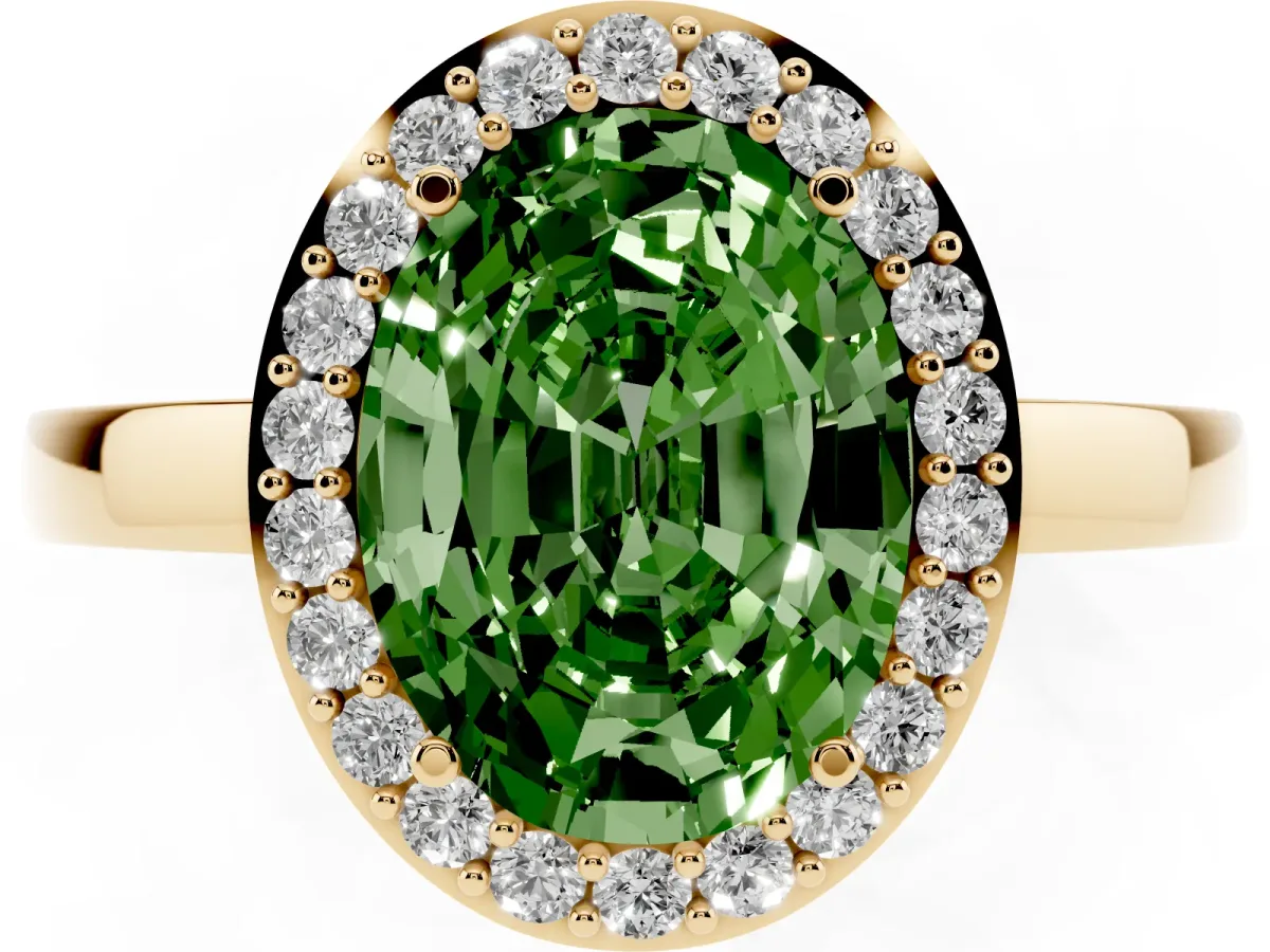 Fancy Green Oval Cut Halo Diamond Ring with Solitaire Band and Prong Setting Yellow gold