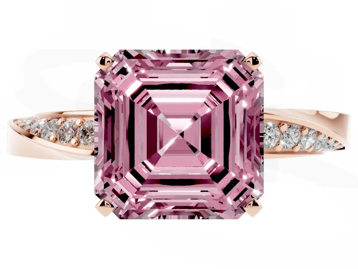 Fancy Pink Asscher Cut Diamond Engagement Ring with Side Stone Accents and Four-Prong Setting Rose gold