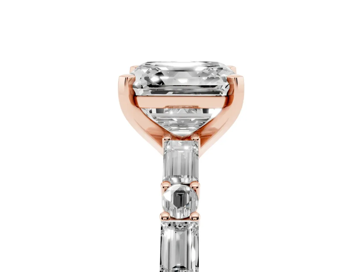 Asscher Cut Diamond Solitaire with Side Baguettes and Channel Set Band Rose gold