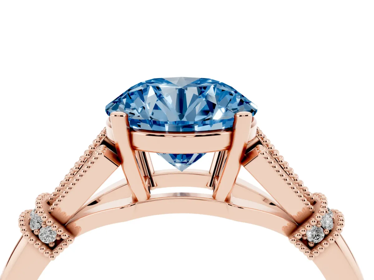 Fancy Blue Round Cut Diamond Solitaire Ring with Floral Filigree and Pave Accents Rose gold