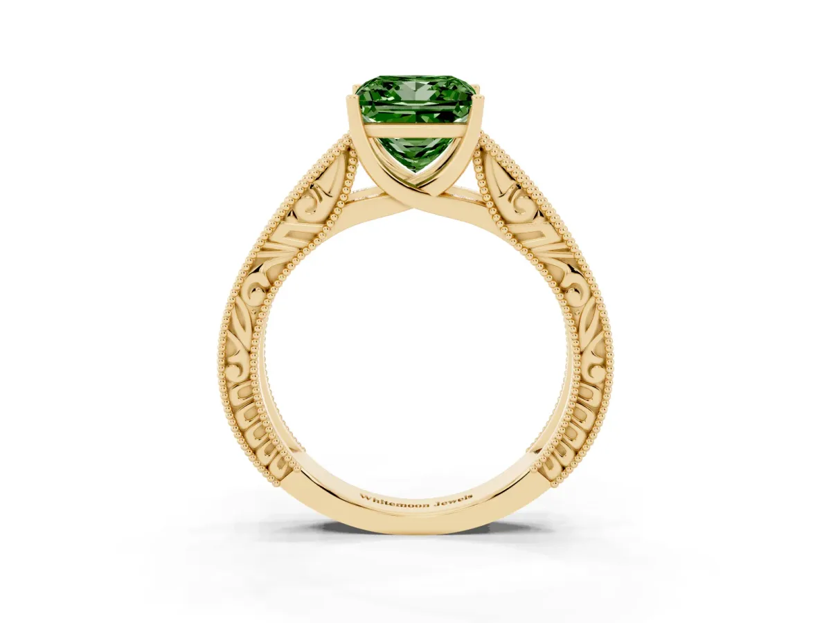 Fancy Green Princess Cut Diamond Solitaire Ring with Engraved Band and Four-Prong Setting Yellow gold