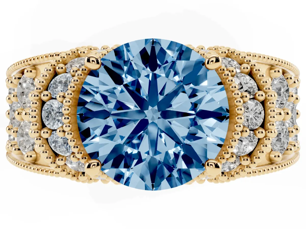 Fancy Blue Round Cut Halo Pave Diamond Engagement Ring with Milgrain Detailing Yellow gold
