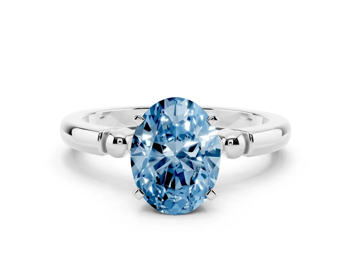 Fancy Blue Oval Cut Solitaire Beaded Band with Four-Prong Setting White gold