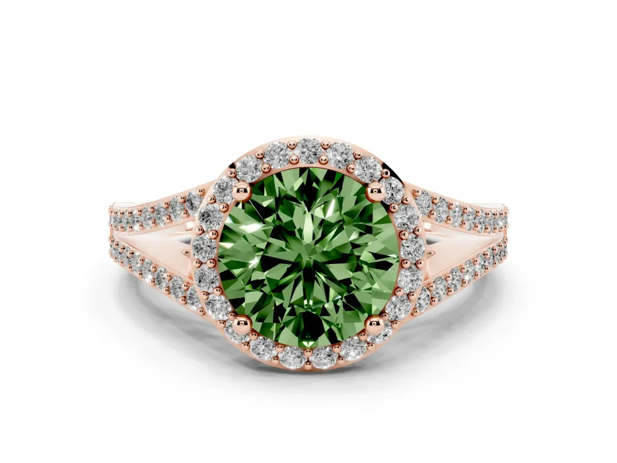 Fancy Green Round Cut Halo Split Shank Diamond Ring with Prong Setting Rose gold