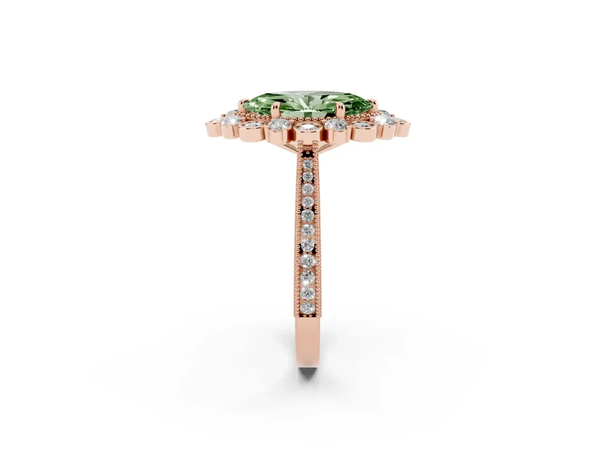Fancy Green Marquise Cut Halo Milgrain Pave Diamond Ring with Four-Prong Setting Rose gold