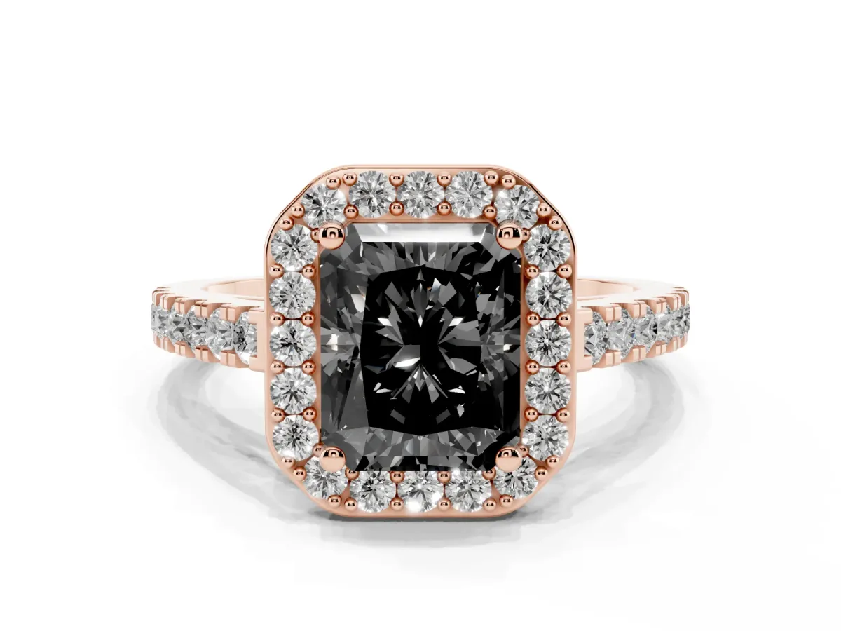 Fancy Black Radiant Cut Diamond Halo Ring with Round Pavé Split Shank and Prong Setting Rose gold