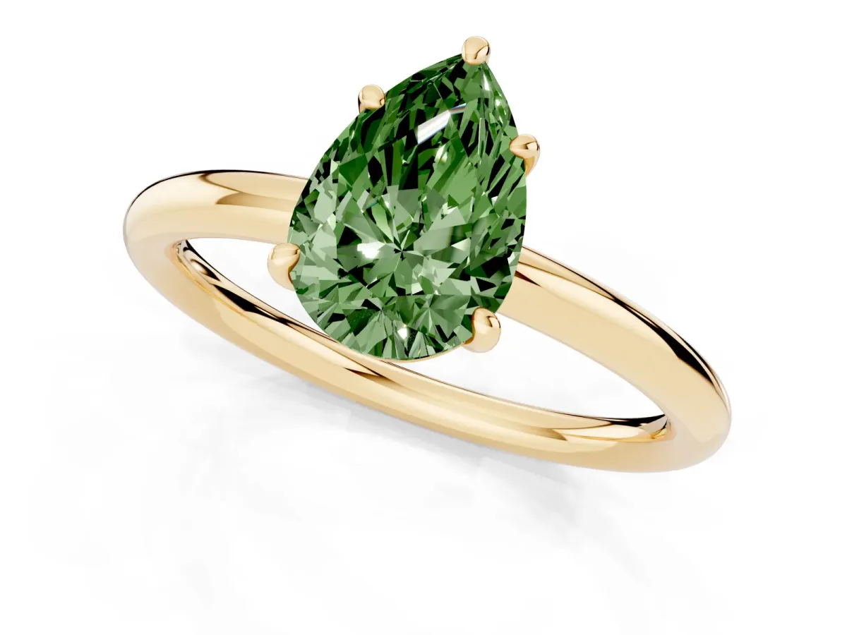 Fancy Green Pear Cut Solitaire Diamond Ring with Four-Prong Setting on a Plain Band Yellow gold
