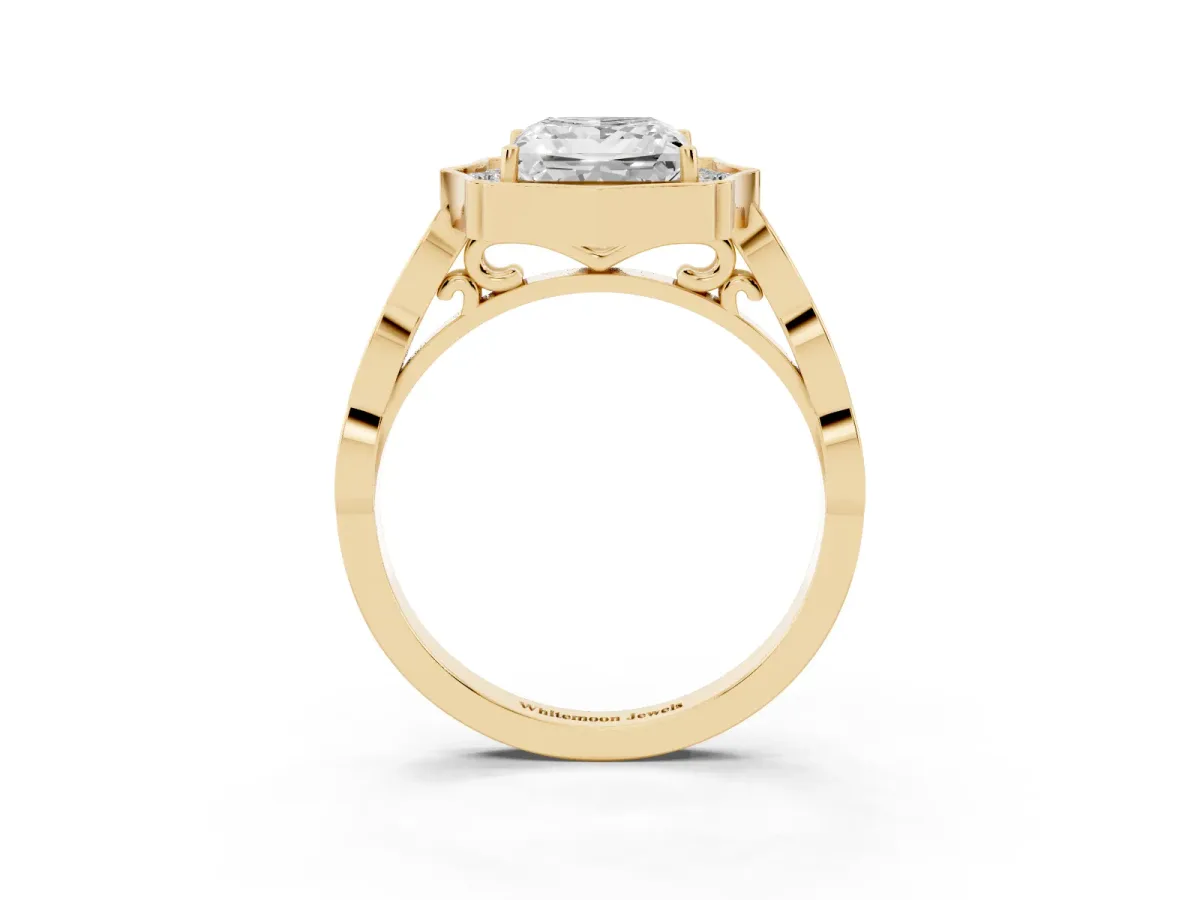 Princess Cut Halo Diamond Engagement Ring with Milgrain Band and Four-Prong Setting Yellow gold