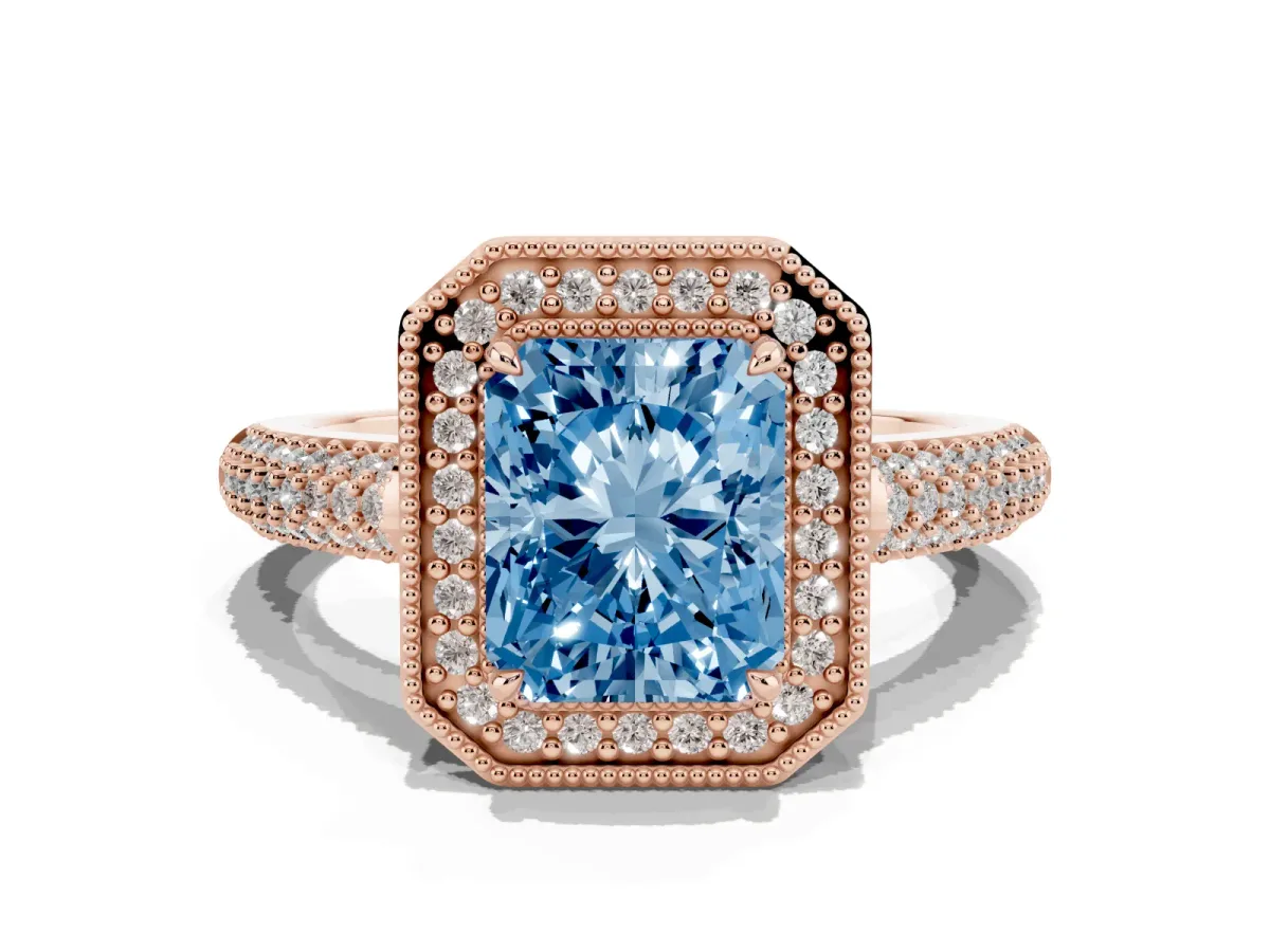 Fancy Blue Radiant Cut Cut Halo Diamond Pave Band with Four-Prong Setting Rose gold