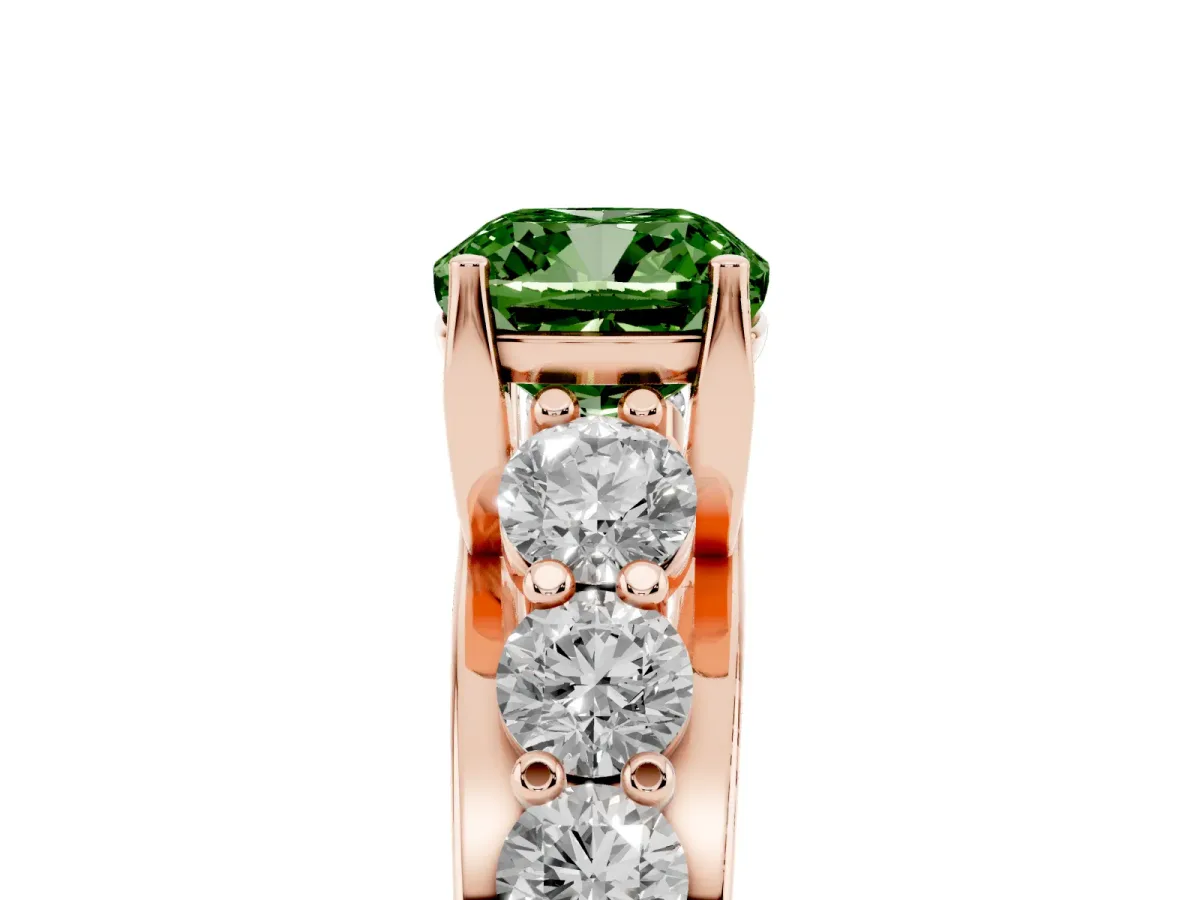 Fancy Green Cushion Cut Diamond Engagement Ring with Pavé Band and Four-Prong Setting Rose gold