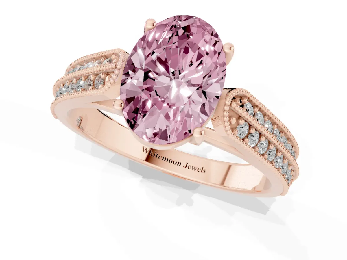 Fancy Pink Oval Cut Cut Pave Split Shank Engagement Ring with Four-Prong Setting Rose gold