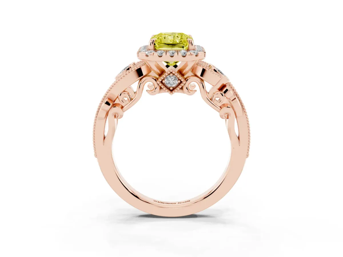 Fancy Yellow Radiant Cut Diamond Halo Ring with Milgrain Pavé Band and Four-Prong Setting Rose gold