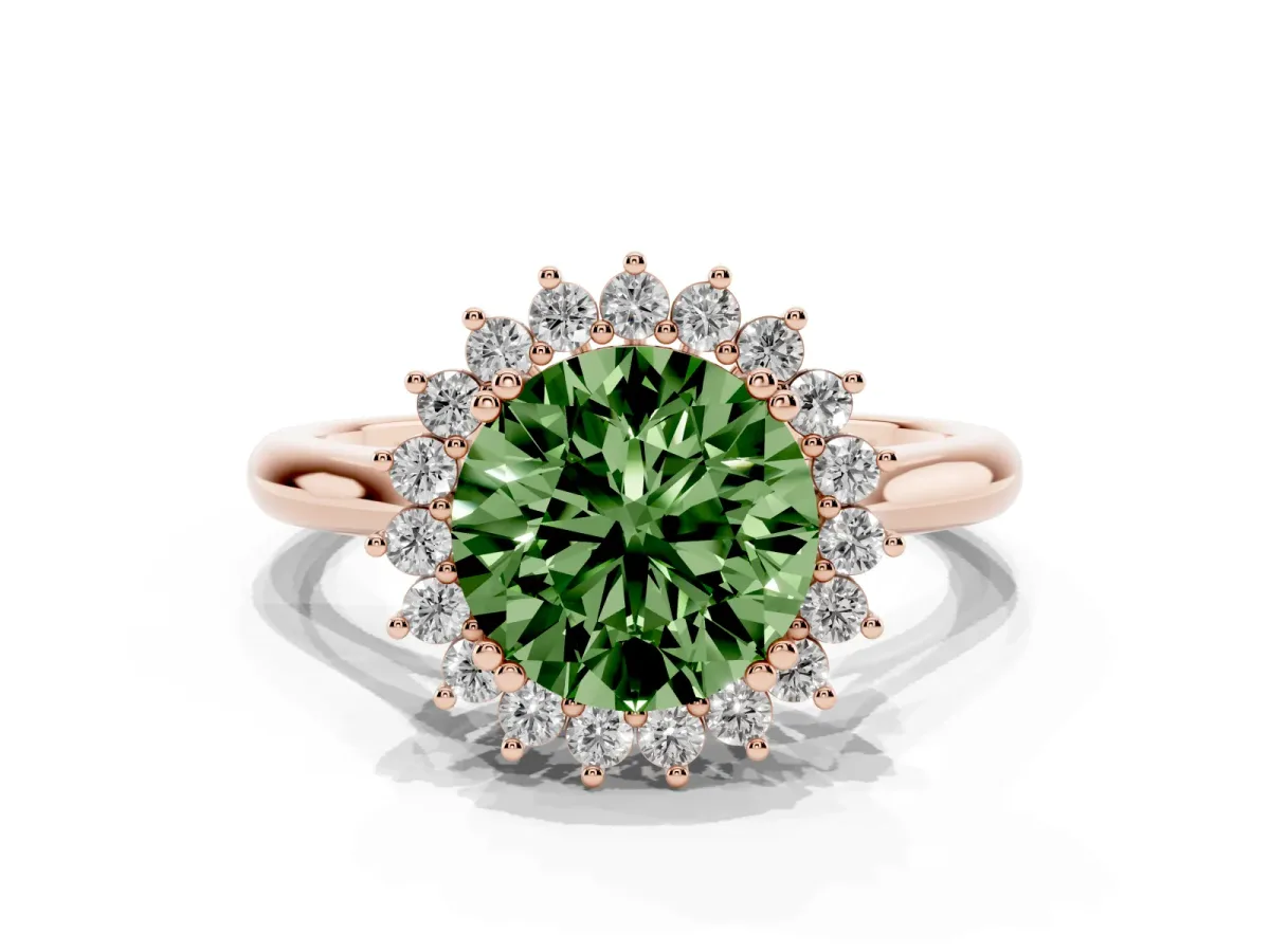 Fancy Green Round Cut Cut Diamond Halo Ring with Solitaire Band and Prong Setting Rose gold