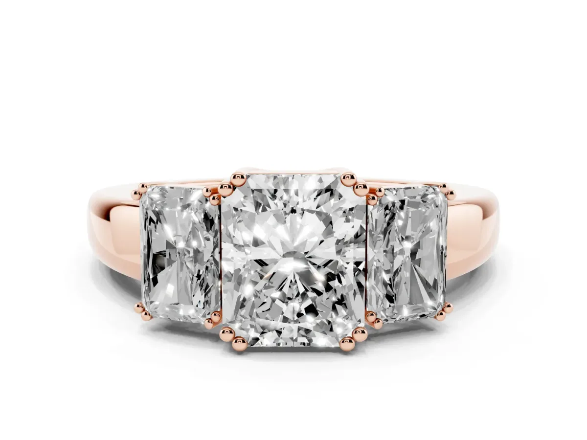 Three-Stone Radiant Cut Cut Diamond Ring with Channel Set Band and Four-Prong Setting Rose gold