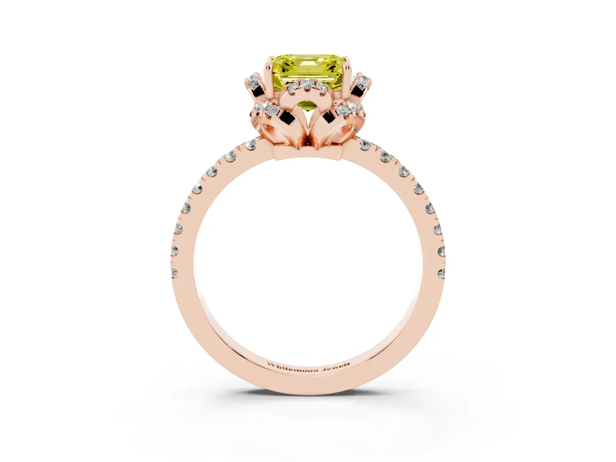 Fancy Yellow Asscher Cut Diamond Halo Pave Band with Four-Prong Setting Rose gold