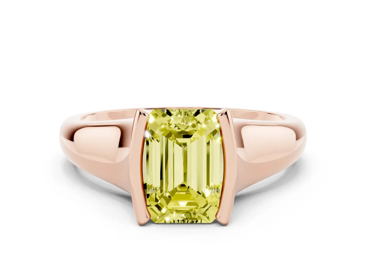 Fancy Yellow Emerald Cut Solitaire Tension Set Diamond Ring with Split Shank Band Rose gold
