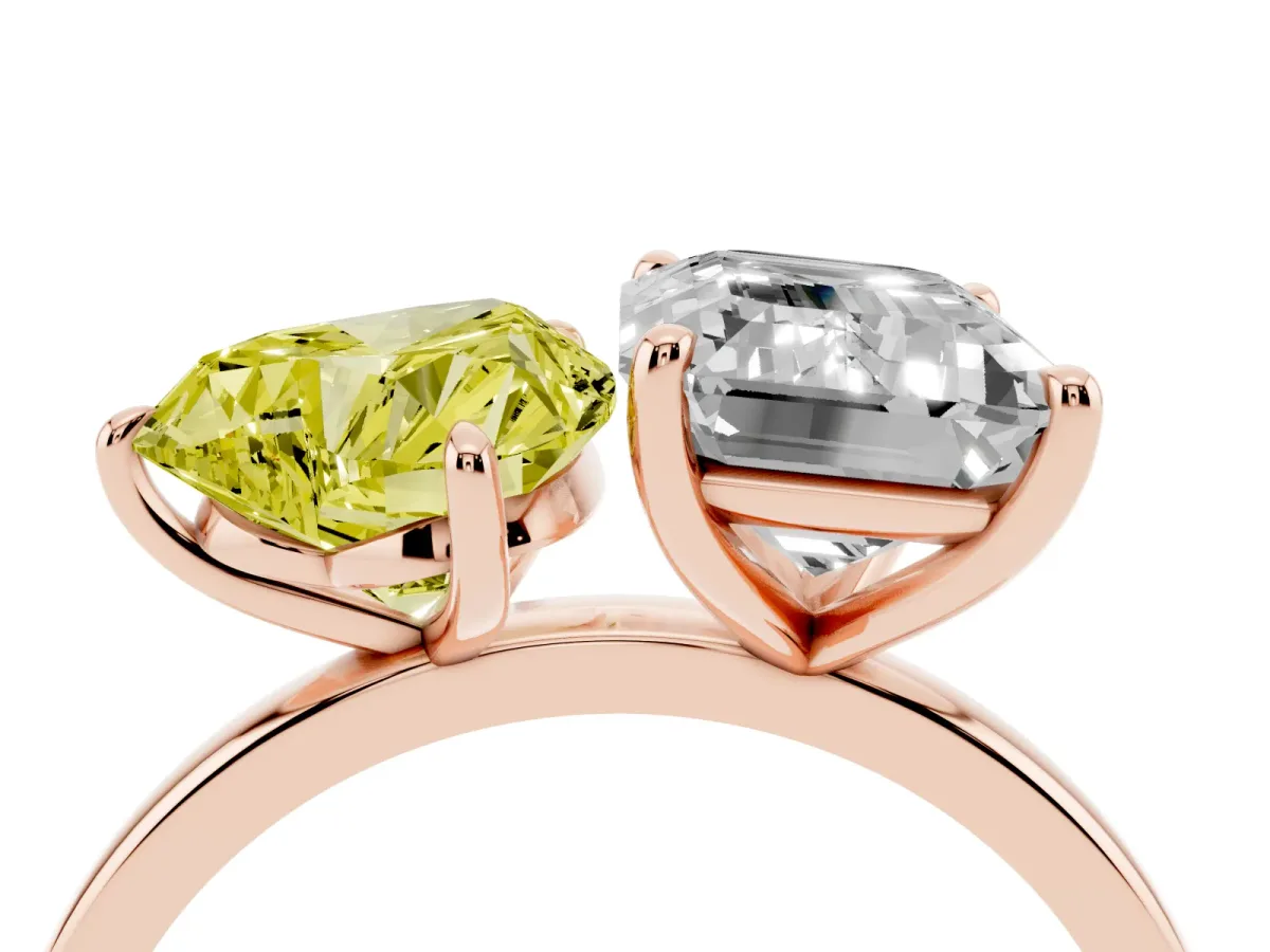Fancy Yellow Heart Cut and Emerald Cut Toi Moi Ring with Prong Setting Rose gold