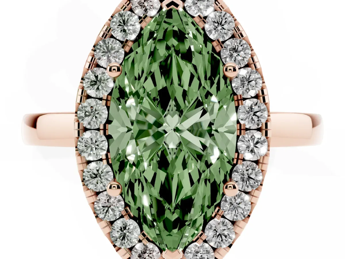 Fancy Green Marquise Cut Halo Diamond Solitaire with Pavé Band and Four-Prong Setting Rose gold