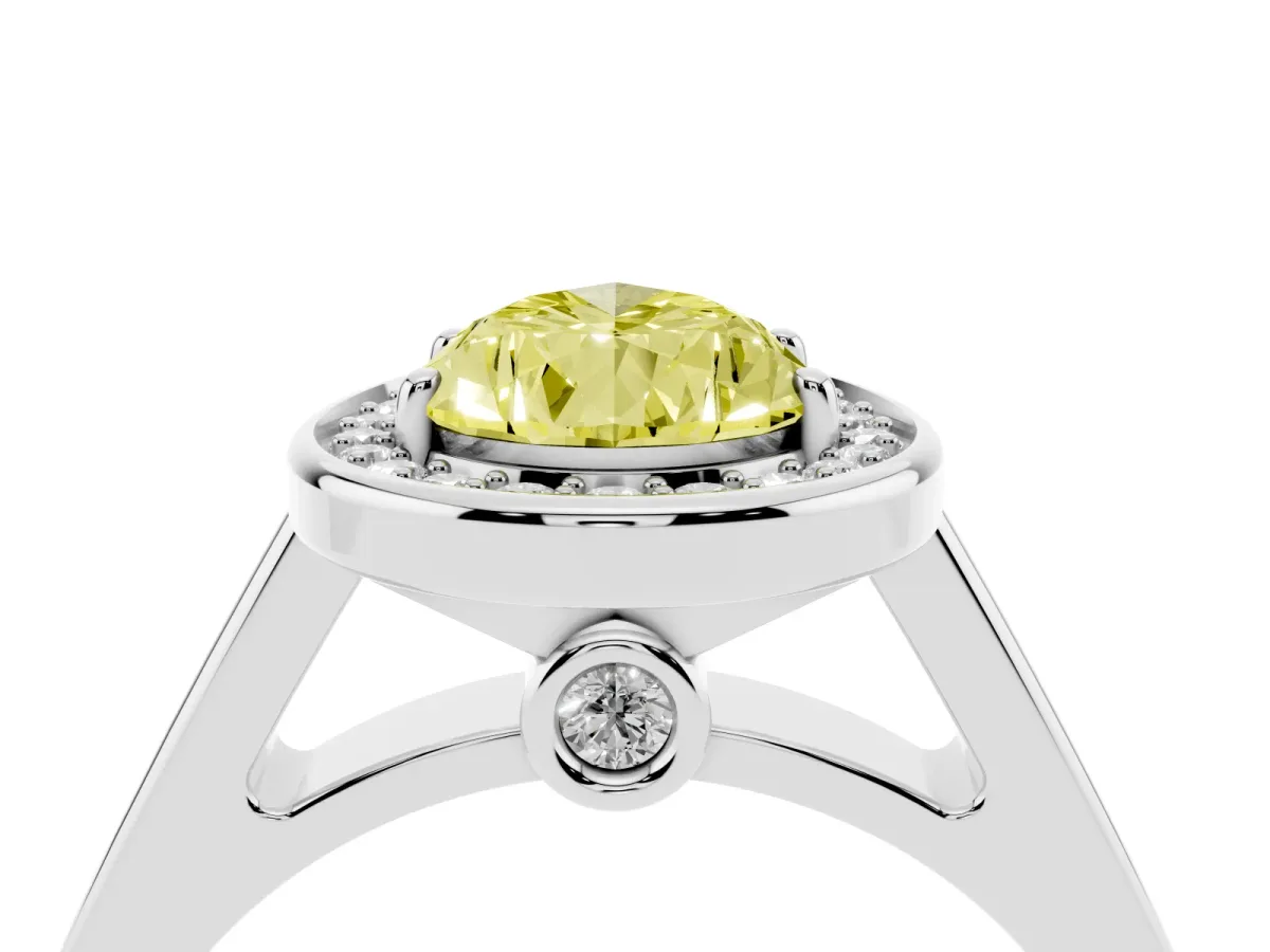 Fancy Yellow Pear Cut Halo Solitaire Diamond Ring with Pave Band and Bezel Setting Platinum
