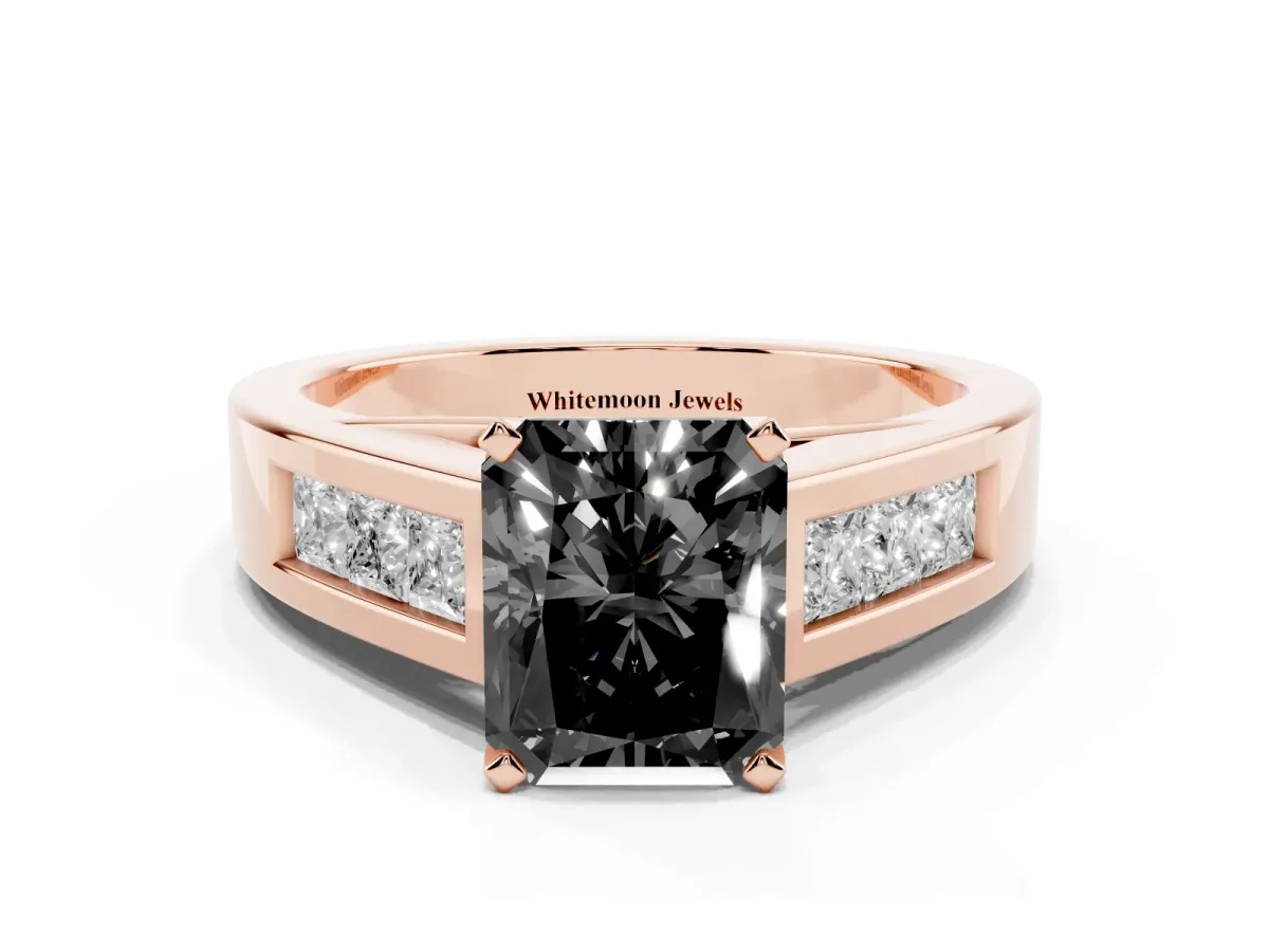 Fancy Black Radiant Cut Cut Channel Set Solitaire Ring with Four-Prong Setting Rose gold