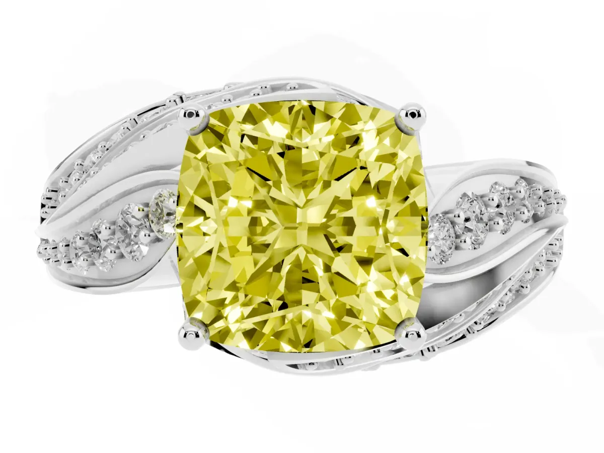 Fancy Yellow Cushion Cut Diamond Solitaire Ring with Prong Setting and Twisted Pavé Band Silver