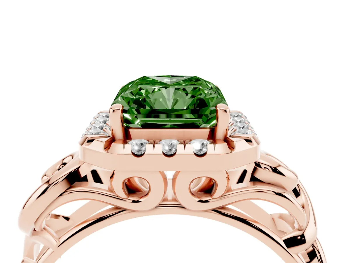 Fancy Green Radiant Cut Cut Halo Diamond Ring with Scrollwork Band and Four-Prong Setting Rose gold