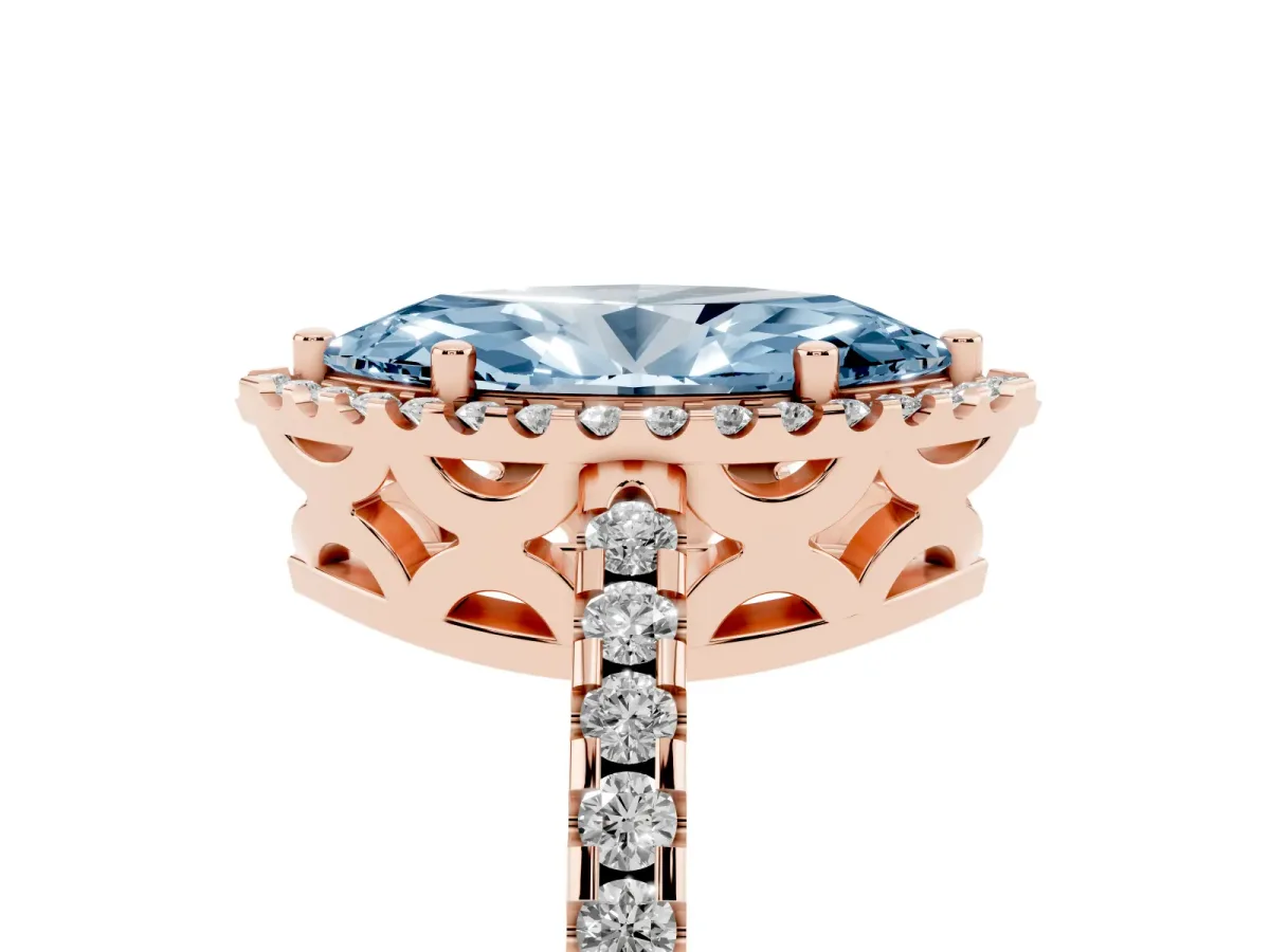 Fancy Blue Marquise Cut Diamond Halo Engagement Ring with Pavé Band and Prong Setting Rose gold