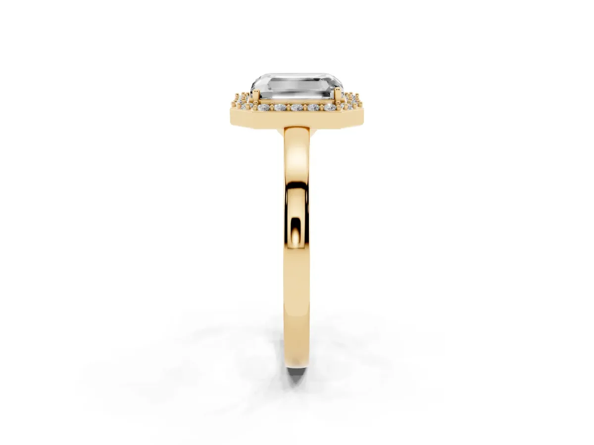 Radiant Cut Halo Diamond Ring with Solitaire Band and Prong Setting Yellow gold