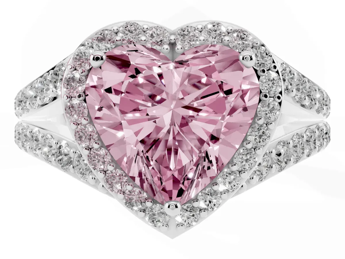 Fancy Pink Heart Cut Diamond Split Shank Halo Ring with Four-Prong Setting Platinum
