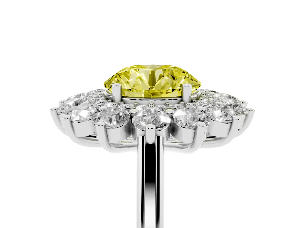 Fancy Yellow Round Cut Diamond Floral Double Halo Engagement Ring with Prong Setting Silver